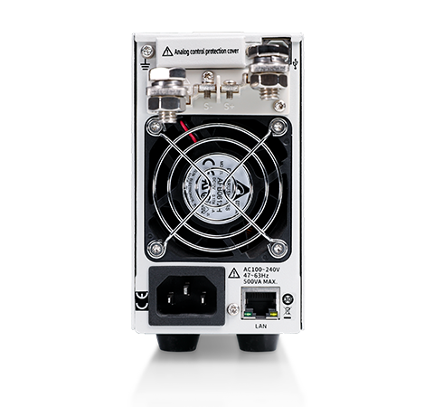 SPS5000X wide-range DC power supply application and rear interface view